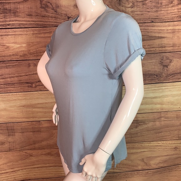 NUX Back talk open crisscross strap back silky top baby blue tee deep V sz L LG - Picture 5 of 9